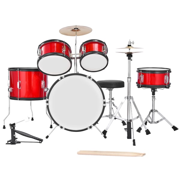 Børnetrommesæt, 5-delt 40,6 cm, Rød, Justerbar trommestol, Musikinstrument