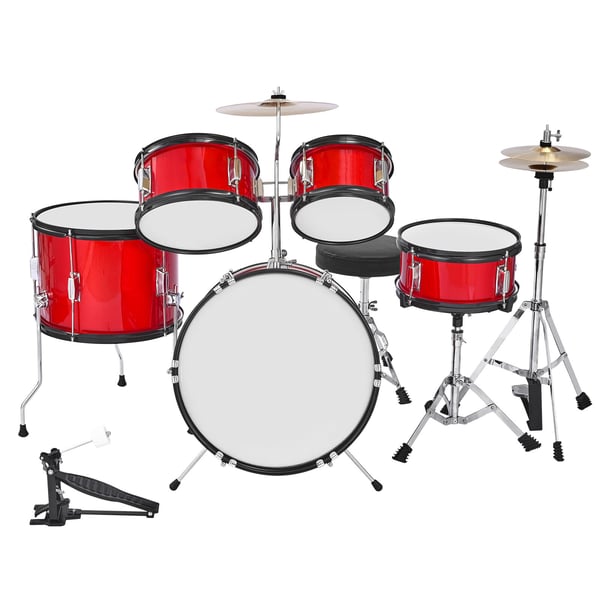 Børnetrommesæt, 5-delt 40,6 cm, Rød, Justerbar trommestol, Musikinstrument