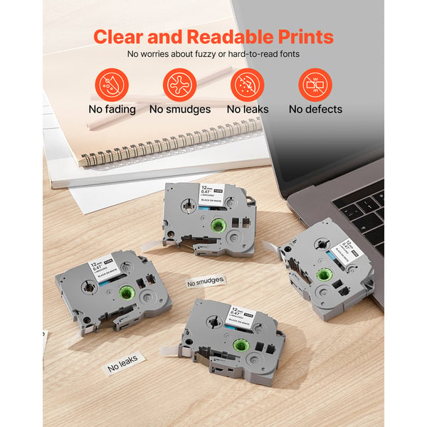 Labelmaker-tape, 4-pak, 12 mm x 8 m, sort på hvid, holdbar plast