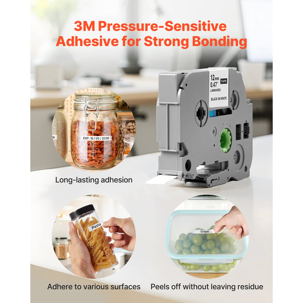 Labelmaker-tape, 4-pak, 12 mm x 8 m, sort på hvid, holdbar plast