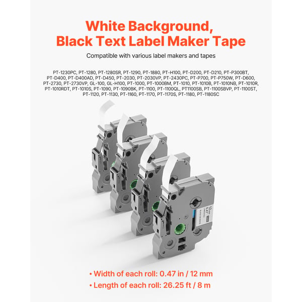 Labelmaker-tape, 4-pak, 12 mm x 8 m, sort på hvid, holdbar plast