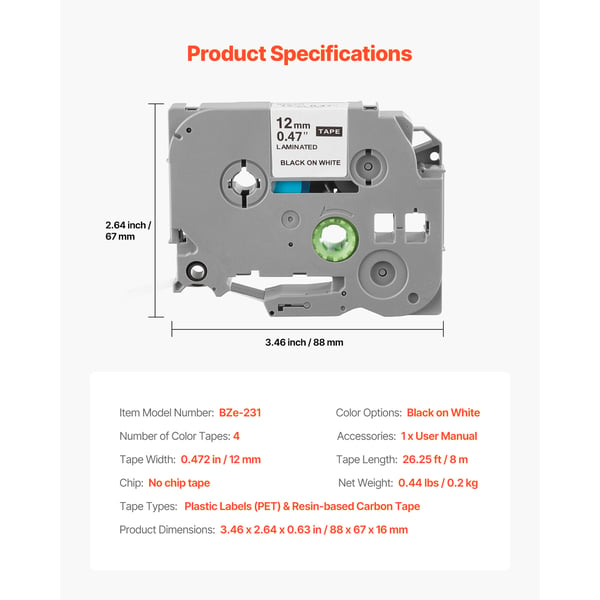 Labelmaker-tape, 4-pak, 12 mm x 8 m, sort på hvid, holdbar plast