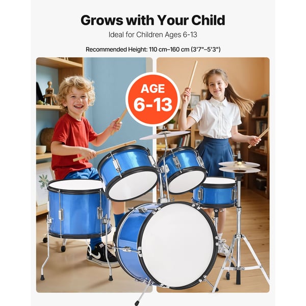 Barntrumset, 5-delar 40,6 cm, Blå, Justerbar pall, Musikinstrument