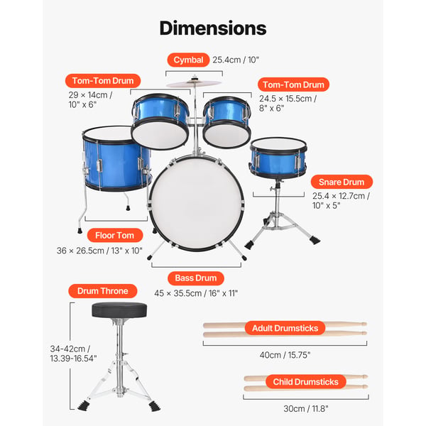 Barntrumset, 5-delar 40,6 cm, Blå, Justerbar pall, Musikinstrument