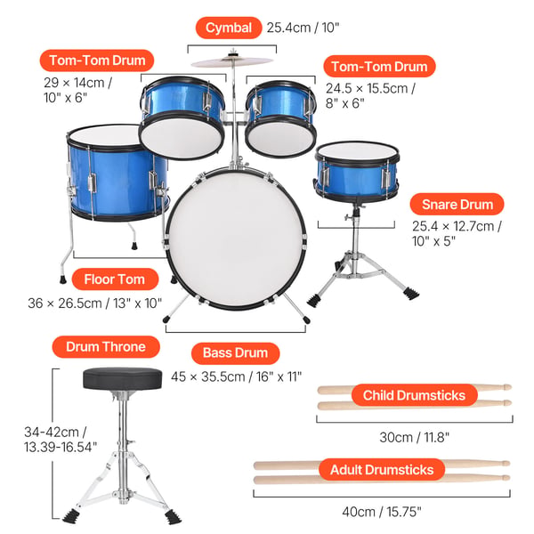 Barntrumset, 5-delar 40,6 cm, Blå, Justerbar pall, Musikinstrument