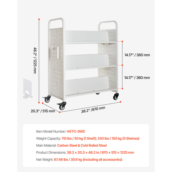 Biblioteksvagn, 97x51,5x122,5 cm, Vit, Stål
