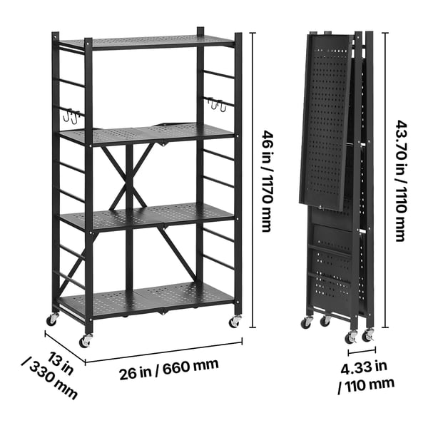 Opbevaringsreol, 66x33x117 cm, Sort, Metal, Sammenklappelig