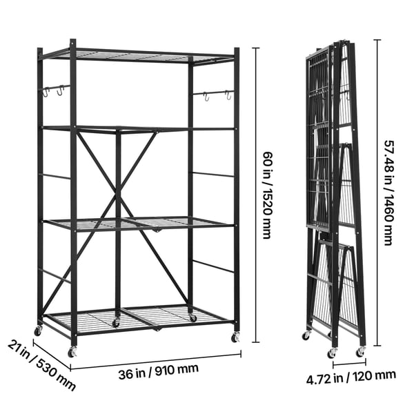 Opbevaringshylde, 4-niveaus sammenklappelig metalreol, 91x53x152 cm, sort