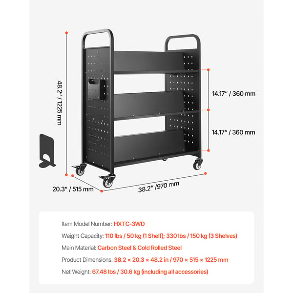 Biblioteksvagn, 97x51,5x122,5 cm, Svart, Stål