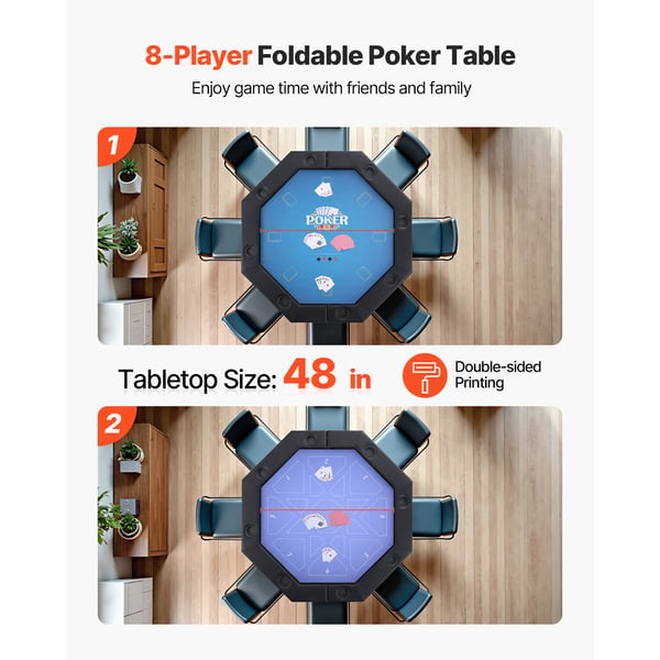 Pokerbord, 8-personers foldbart ottekantet bord, 132,5x132,5x76,5 cm, sort, metalben