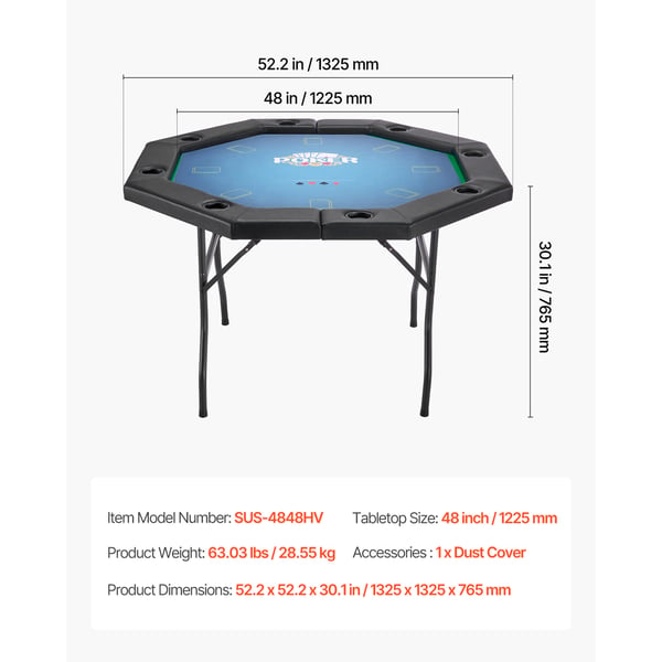 Pokerbord, 8-personers foldbart ottekantet bord, 132,5x132,5x76,5 cm, sort, metalben