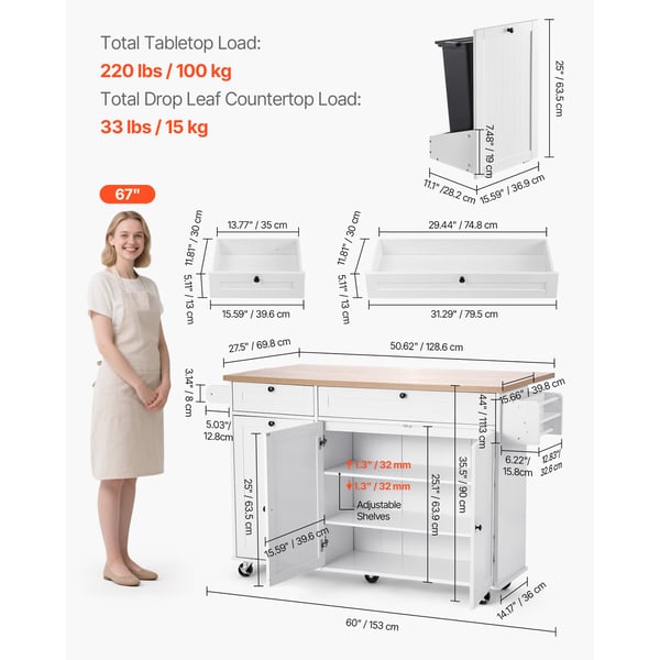Køkkenø-vogn, 153 cm, Hvid, Opbevaring, Mobil, Klapbord