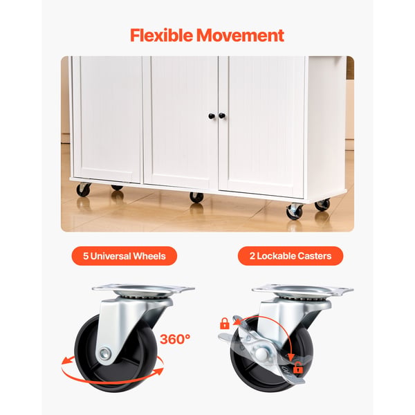 Køkkenø-vogn, 153 cm, Hvid, Opbevaring, Mobil, Klapbord