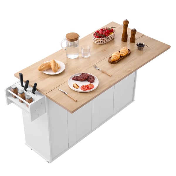 Køkkenø-vogn, 153 cm, Hvid, Opbevaring, Mobil, Klapbord