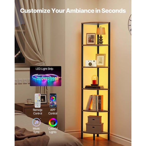 Hjørnereol, 6 niveauer LED hjørnereol, 28,5x28,5x171,5 cm, sortbrun, metal træ
