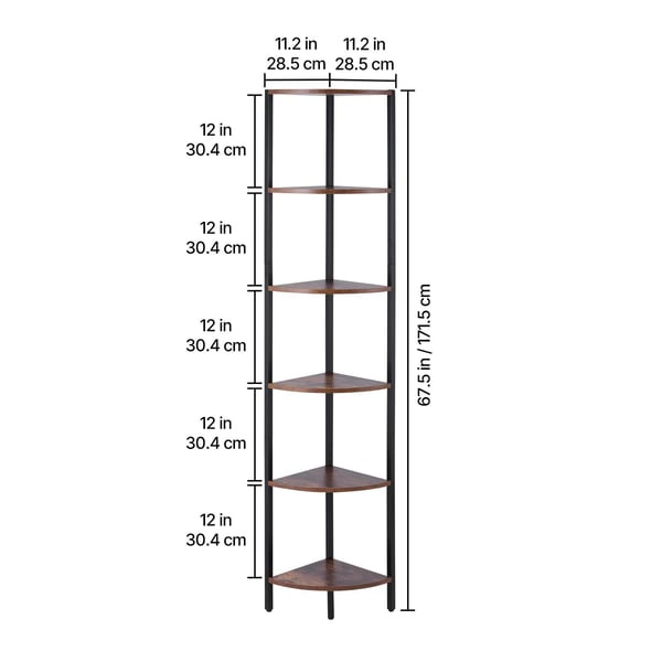 Hjørnereol, 6 niveauer LED hjørnereol, 28,5x28,5x171,5 cm, sortbrun, metal træ