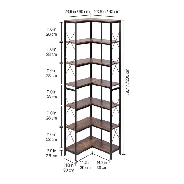 Hjørnereol, 7 niveauer L-formet, 60x60x200 cm, sort brun, metal træ