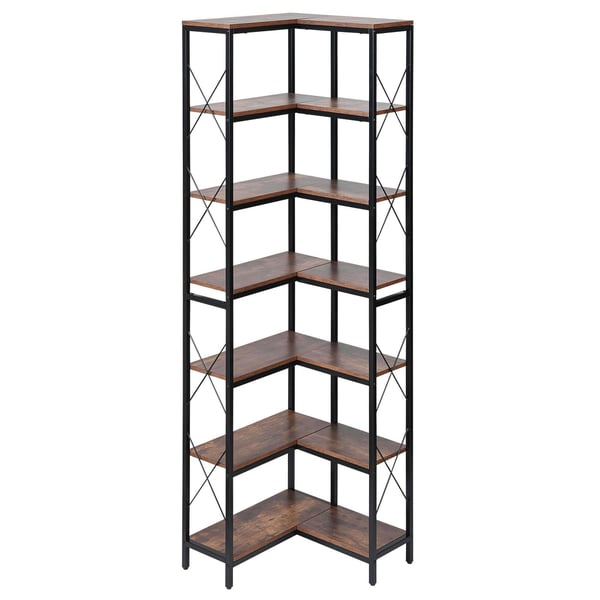 Hjørnereol, 7 niveauer L-formet, 60x60x200 cm, sort brun, metal træ