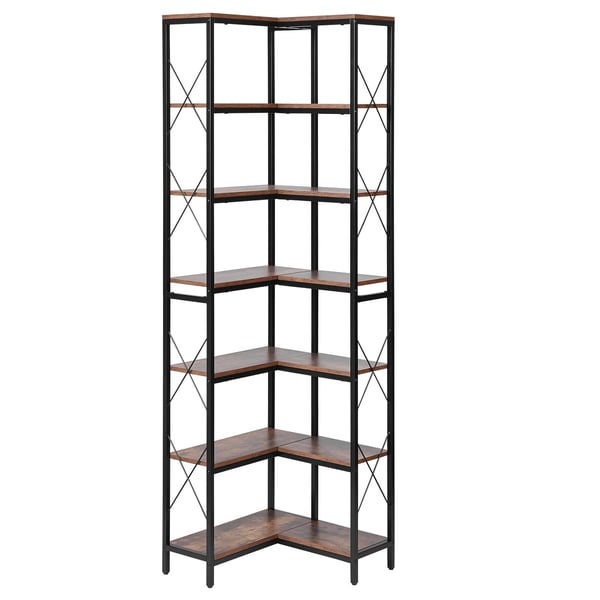 Hjørnereol, 7 niveauer L-formet, 60x60x200 cm, sort brun, metal træ