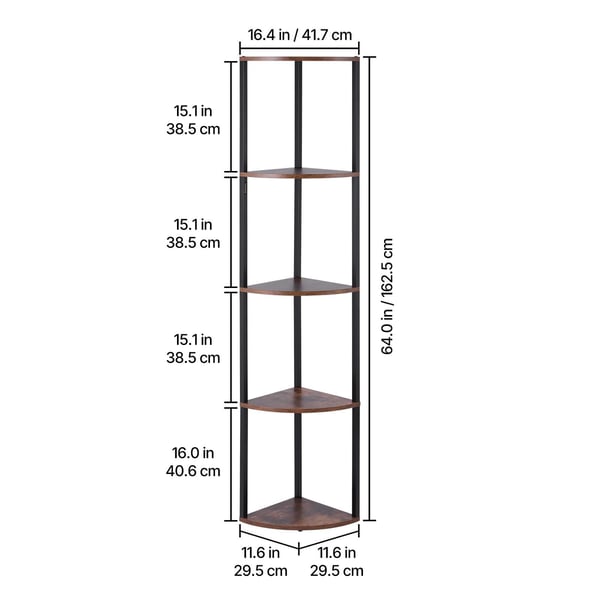 Hjørnereol, 5-niveaus høj hjørnestander med LED-lys, 29.5x29.5x162.6 cm, sortbrun, metal træ