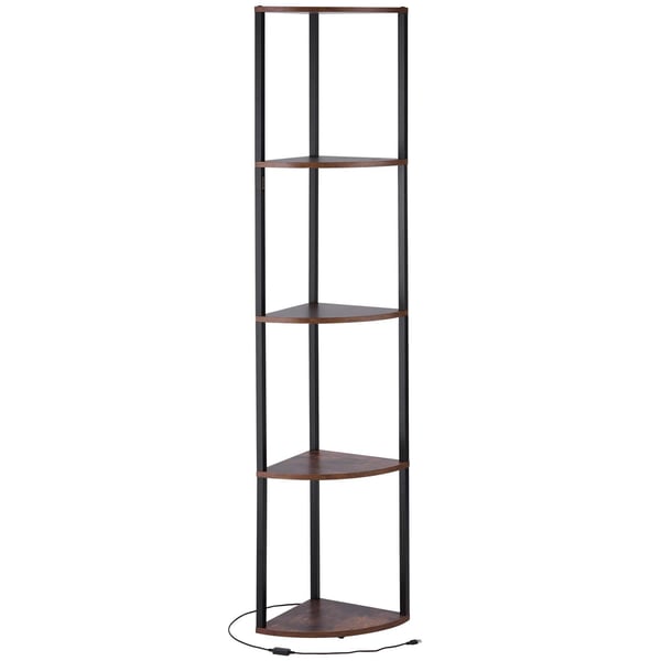 Hjørnereol, 5-niveaus høj hjørnestander med LED-lys, 29.5x29.5x162.6 cm, sortbrun, metal træ