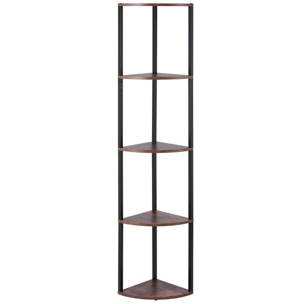 Hjørnereol, 5-niveaus høj hjørnestander med LED-lys, 29.5x29.5x162.6 cm, sortbrun, metal træ