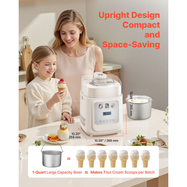 Ismaskine, Opretstående automatisk med indbygget kompressor, 25.9x26.9x35.5 cm, Frossen yoghurtmaskine