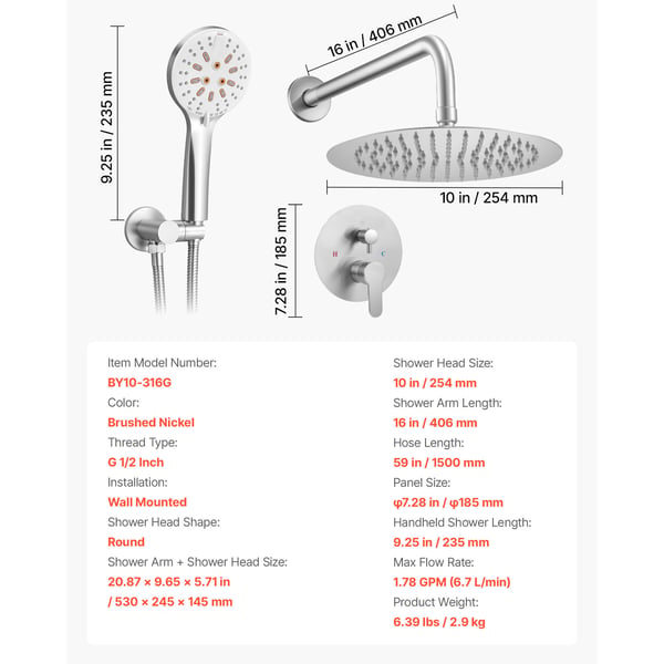 Duschblandare set, 53x24.5x14.5 cm, Borstad nickel, Mässing