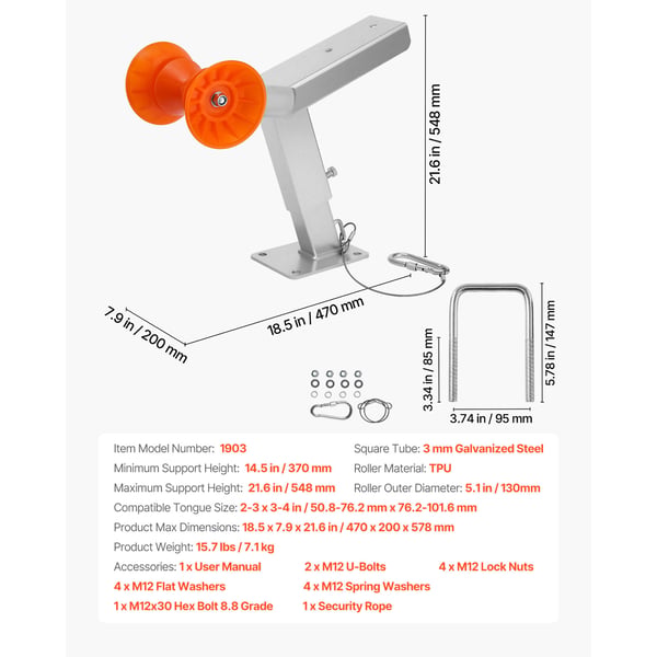 Bådtrailer spilstand, justerbar højde 365x548 mm, 440x190x370 mm, stål