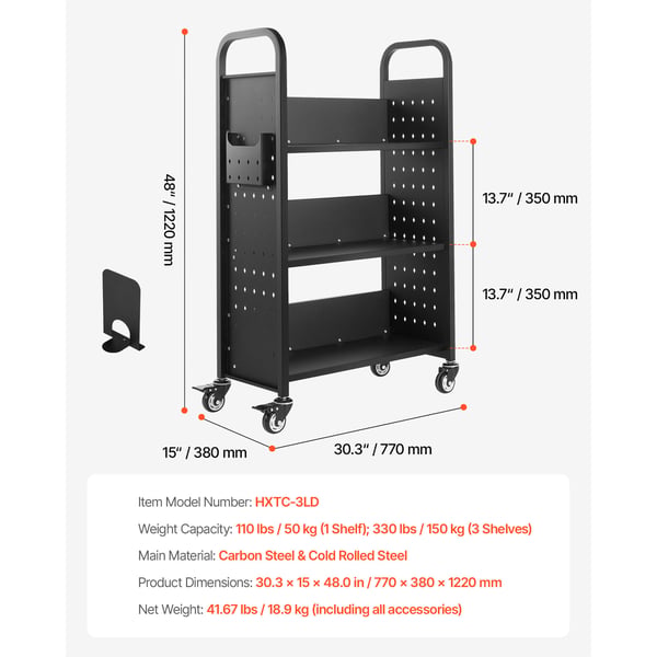 Biblioteksvagn, 77x38x122 cm, Svart, Stål
