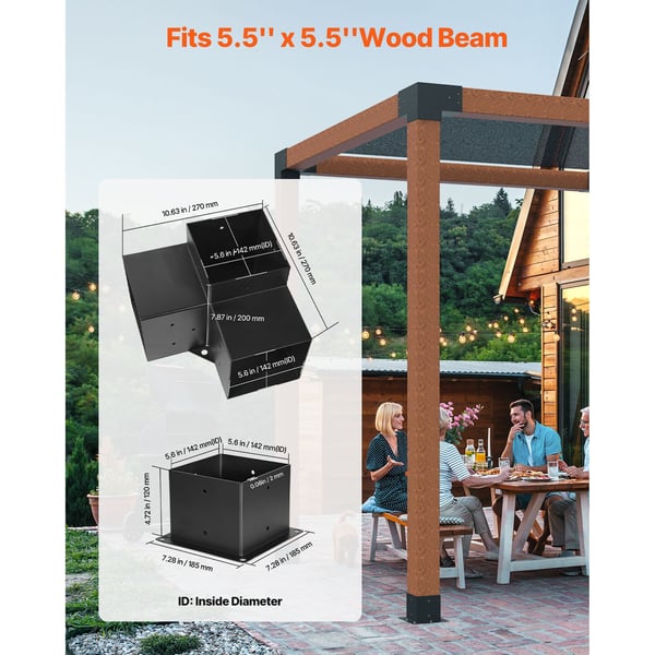 Pergola Beslagsats, 3-vägs hörnbeslag 142x142 mm, Svart, Kolstål