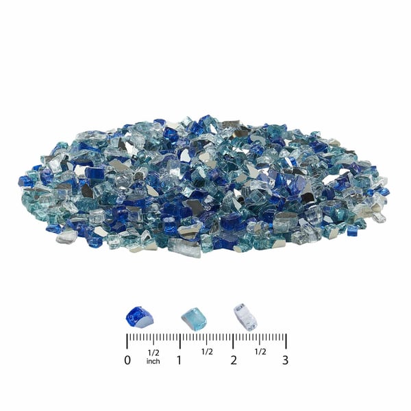 Eldstadsglas, Reflekterande krossat glas 12,7 mm, Koboltblå Aqua Blå Klar