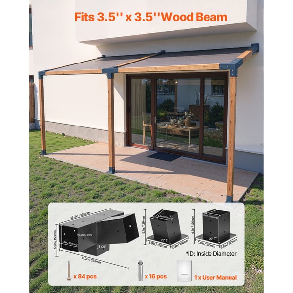 Pergola beslagssats, 4-vägs sned för 92x92 mm träbjälkar, kolstål, svart