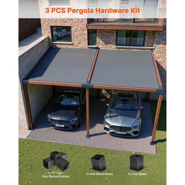 Pergola beslagssats, 4-vägs sned för 92x92 mm träbjälkar, kolstål, svart