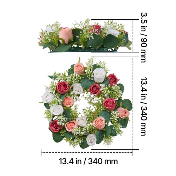 Konstgjord ros-krans, 34x34x9 cm, rosa, blomsterarrangemang mittpunkt