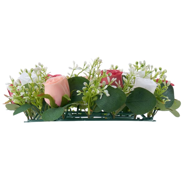 Konstgjord ros-krans, 34x34x9 cm, rosa, blomsterarrangemang mittpunkt