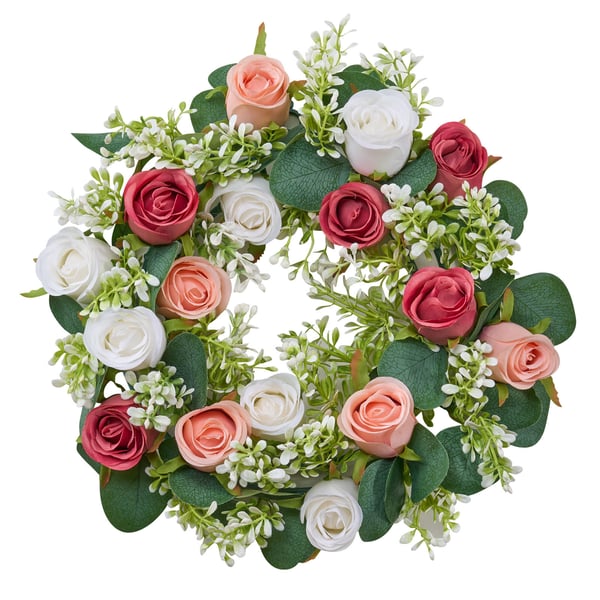 Konstgjord ros-krans, 34x34x9 cm, rosa, blomsterarrangemang mittpunkt