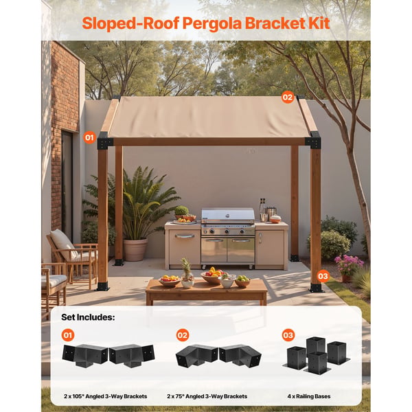 Pergola beslagssæt, 92x92 mm, kulstofstål, sort, udendørs beslag