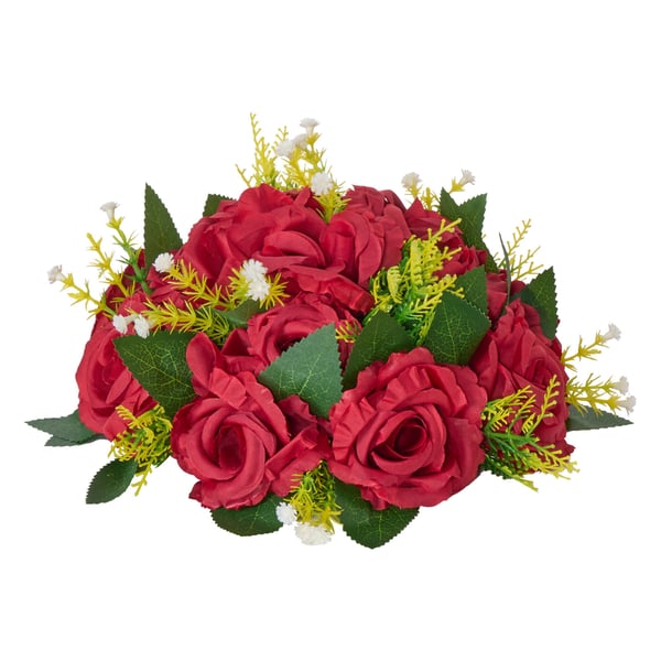 Konstgjord blomsterboll-arrangemang, 24x24x12 cm, röd, silkestyg