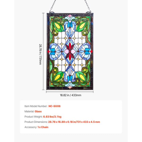 Fönsterpanel i färgat glas, 43,3x73,1 cm, Hängande, Glas