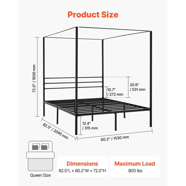 Himmelsängram, Queen Size, 209,5x153x183 cm, Svart, Metall