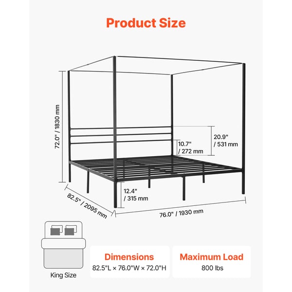 Himmelsengestel, King Size, 209,5x193x183 cm, Sort, Metal