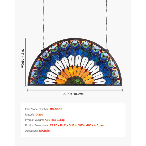 Farvet glas vinduespanel, 91.3x46.5x0.5 cm, ophæng, glas