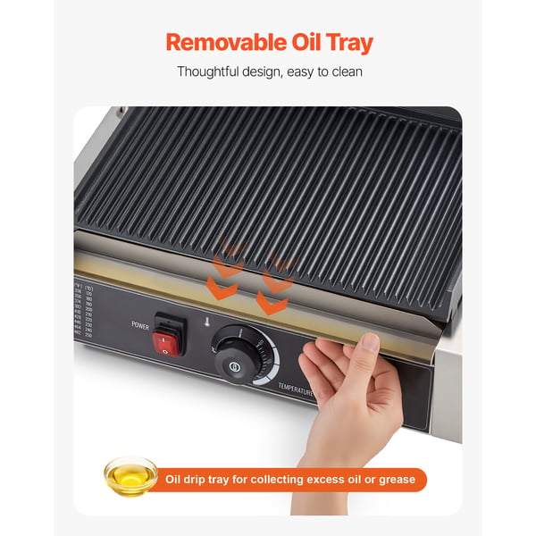 Paninigrill, 34x23 cm, rustfrit stål, elektrisk, fuldt rillet emaljeret plade