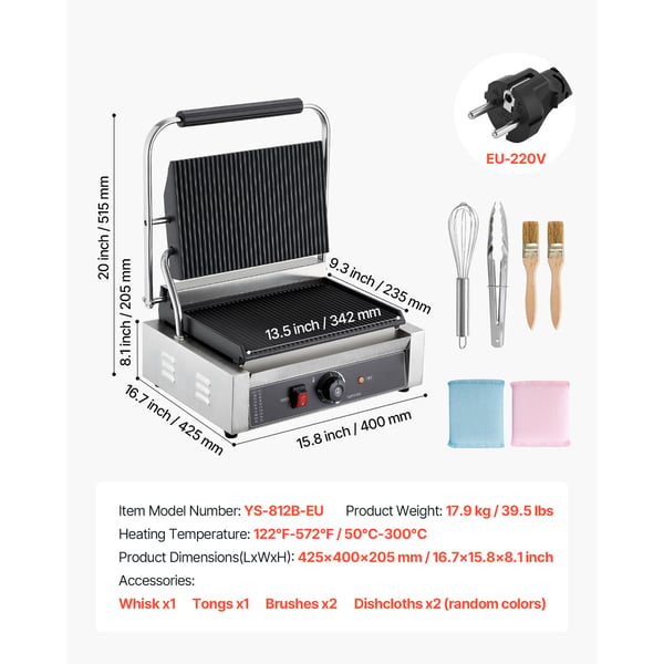 Paninigrill, 34x23 cm, rustfrit stål, elektrisk, fuldt rillet emaljeret plade