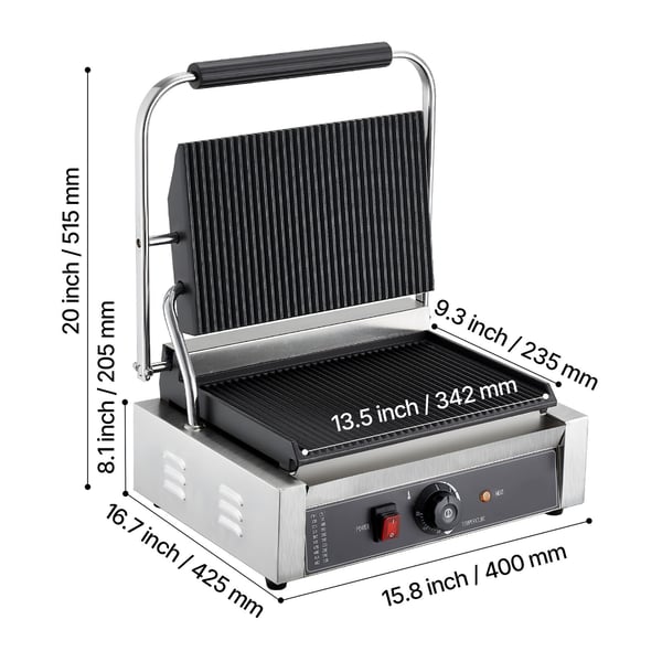 Paninigrill, 34x23 cm, rustfrit stål, elektrisk, fuldt rillet emaljeret plade