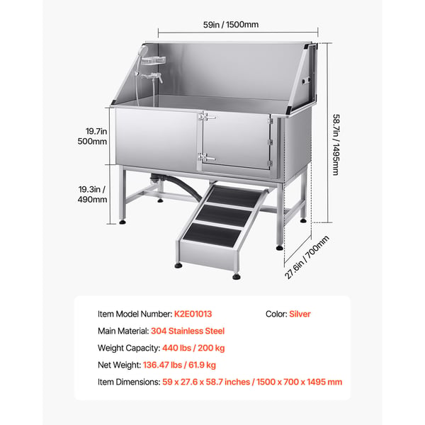 Hundtvättstation, 150x70x149.5 cm, Silver, Rostfritt stål