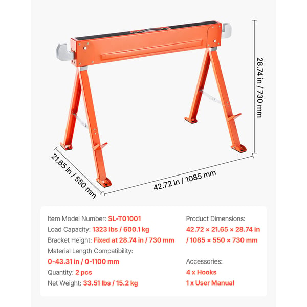 Bukkehest, Sammenklappelig Bukkehest i Metal 108,5x55x73 cm, 2 stk., Ekstra Robust