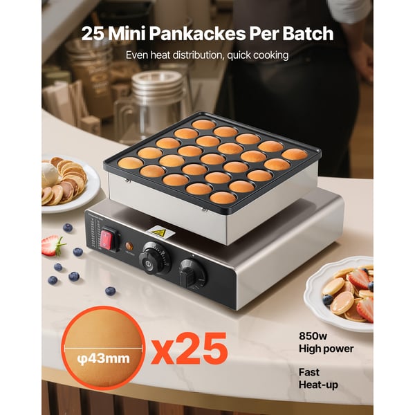 Mini pandekage maskine, 25 poffertjes vaffelbager 262x262 mm, rustfrit stål, non-stick