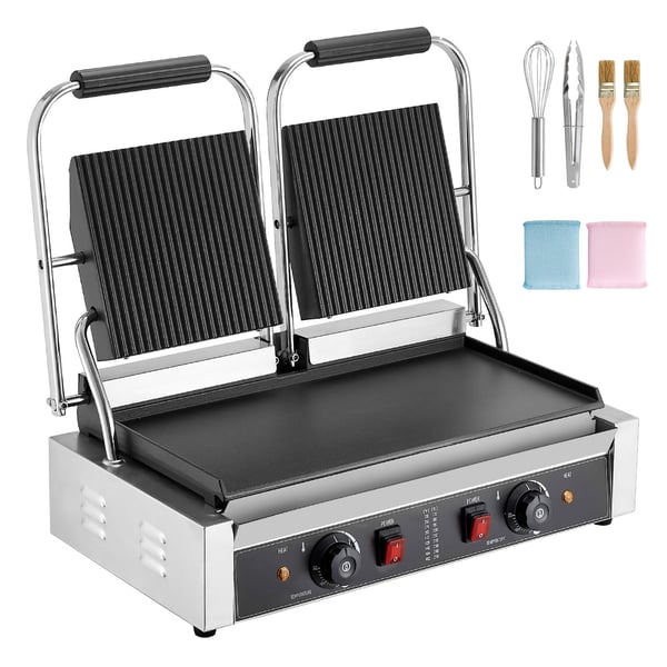 Paninigrill, 48x23 cm rustfrit stål dobbelt sandwichpresse, sølv Paninigrill, 48x23 cm rustfrit stål dobbelt sandwichpresse, sølv